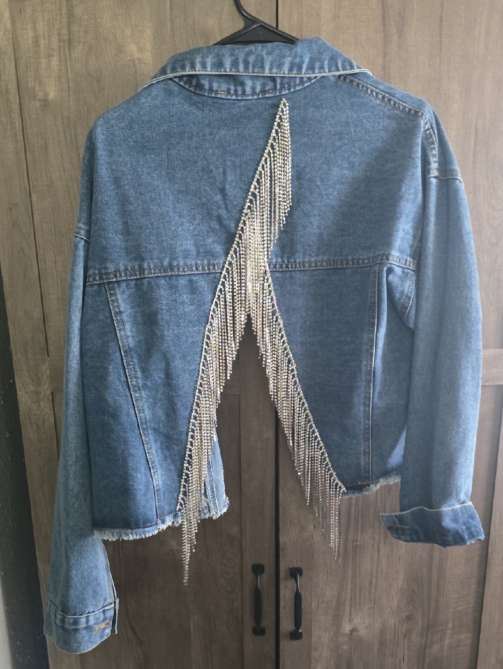 NWT jean Denim Jacket with Rhinestone Fringe